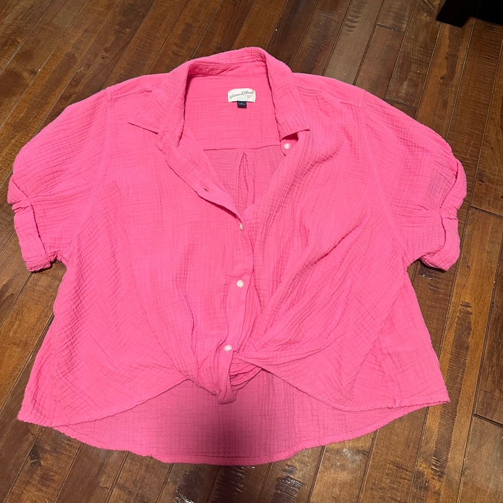 Universal Thread Pink Cropped Button-Front Collared Top